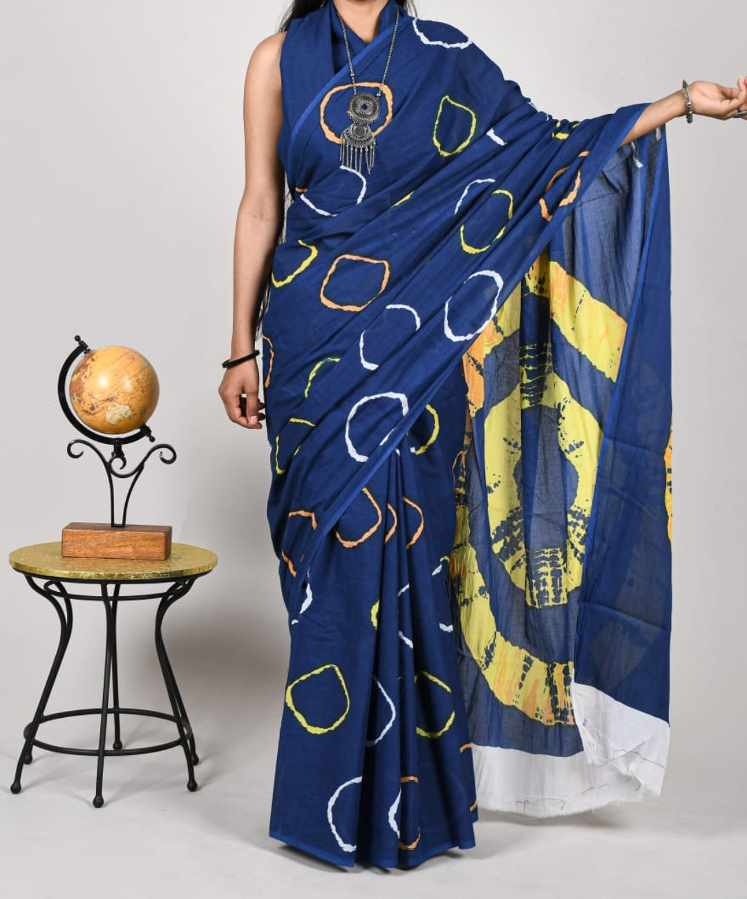 Indigo Blue And Yellow With White mulmul cotton saree