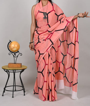 Deep Magenta Pink With Black print Mulmul Cotton saree