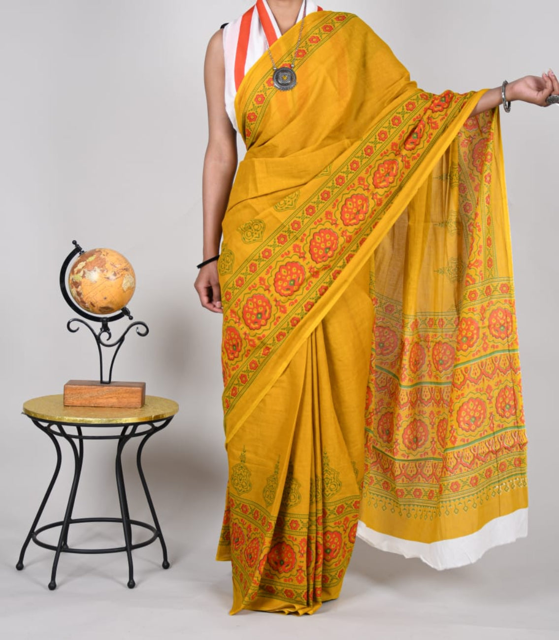 Mustard Yellow with Red Printed Mulmul Cotton Saree