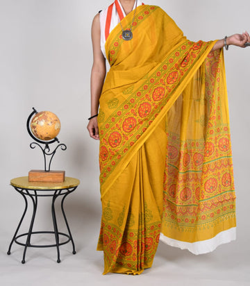 Mustard Yellow with Red Printed Mulmul Cotton Saree