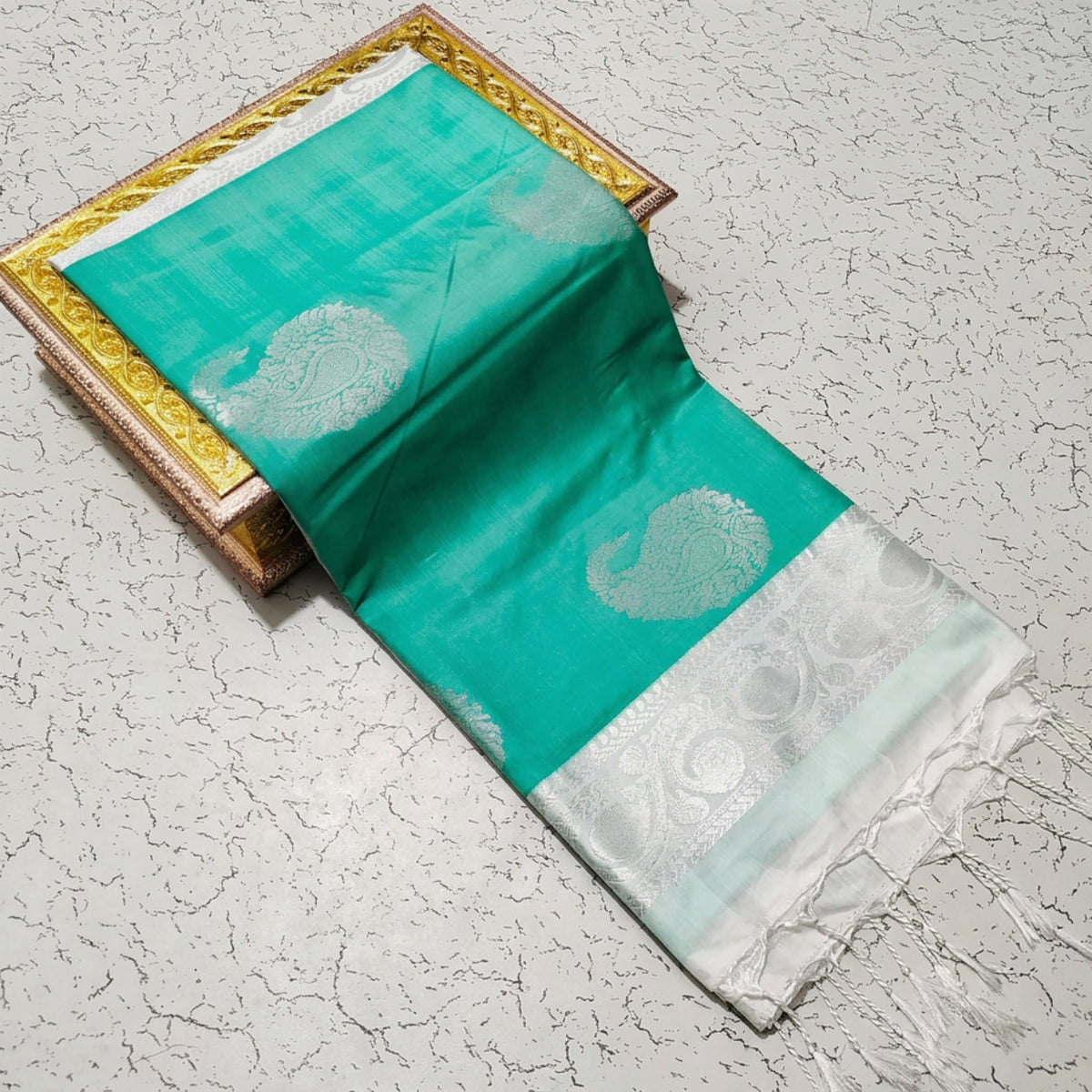 Teal Green with Silver Soft Silk Saree
