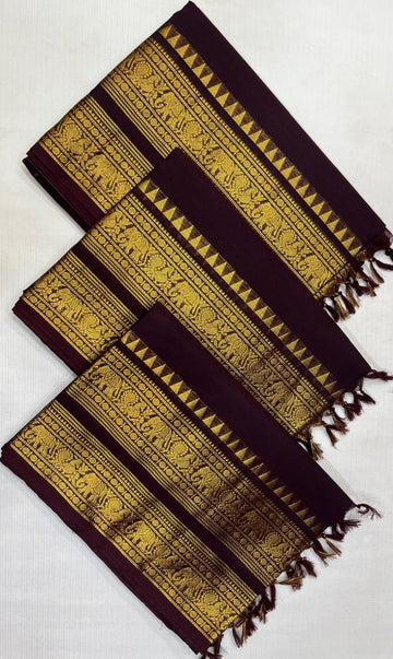 Dark Brown with Golden Zari Pure Kanchi cotton saree