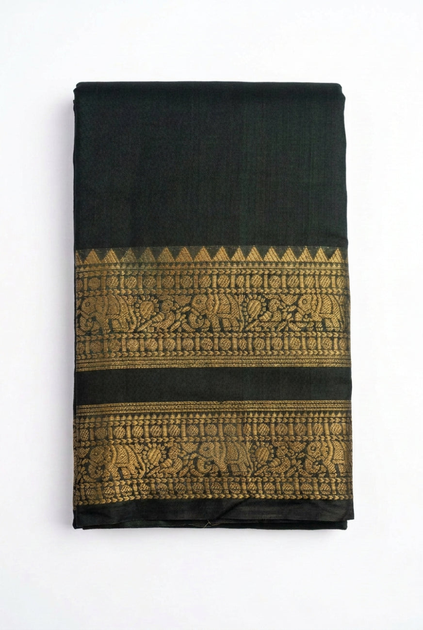 Dark Green With Gold Irattapetta Cotton saree