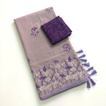 Lavender with Purple Floral Printed south Cotton Saree