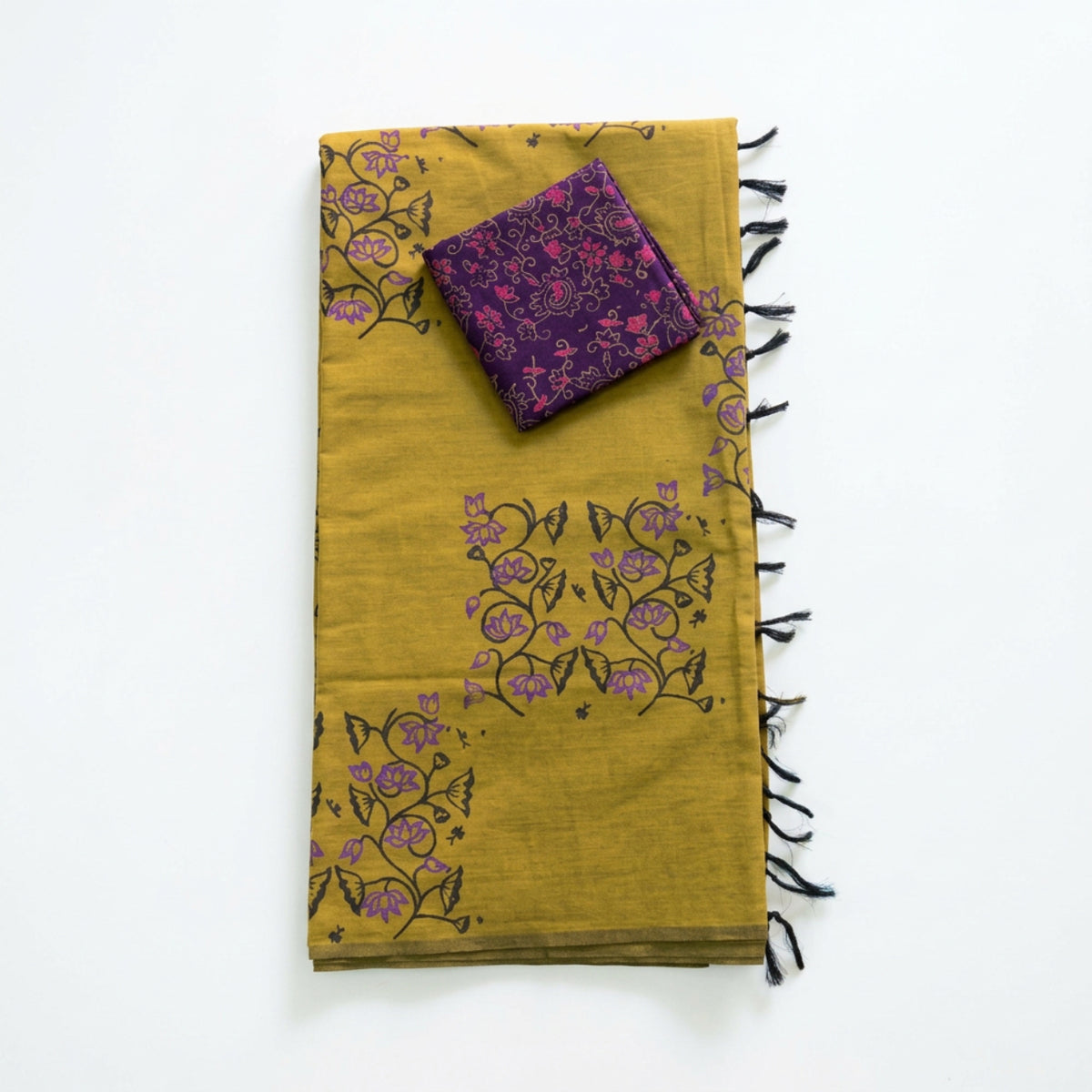 Mustard Green With Purple and block Floral Print South cotton Saree