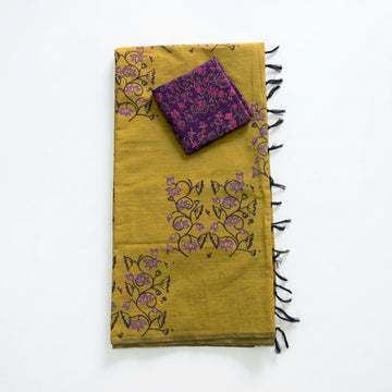 Mustard Green With Purple and block Floral Print South cotton Saree