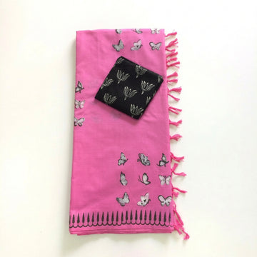 Pink With Black and White South Cotton Saree