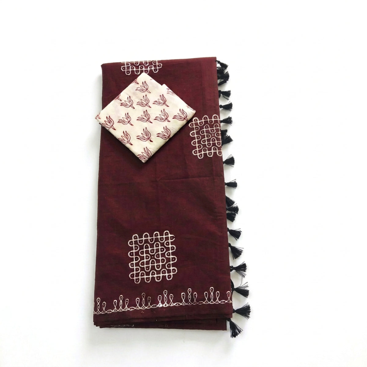 Deep Maroon With White Kolam print South Cotton Saree