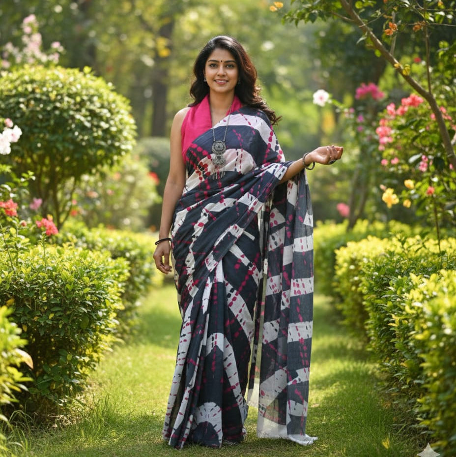 WHITE WITH BLACK COLOR MULMUL COTTON SAREE