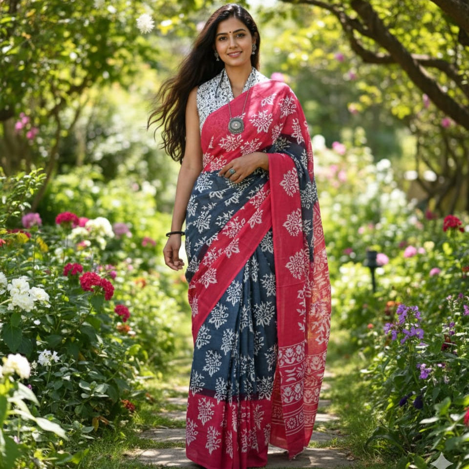 BLACK WITH PINK COLOR MULMUL COTTON SAREE