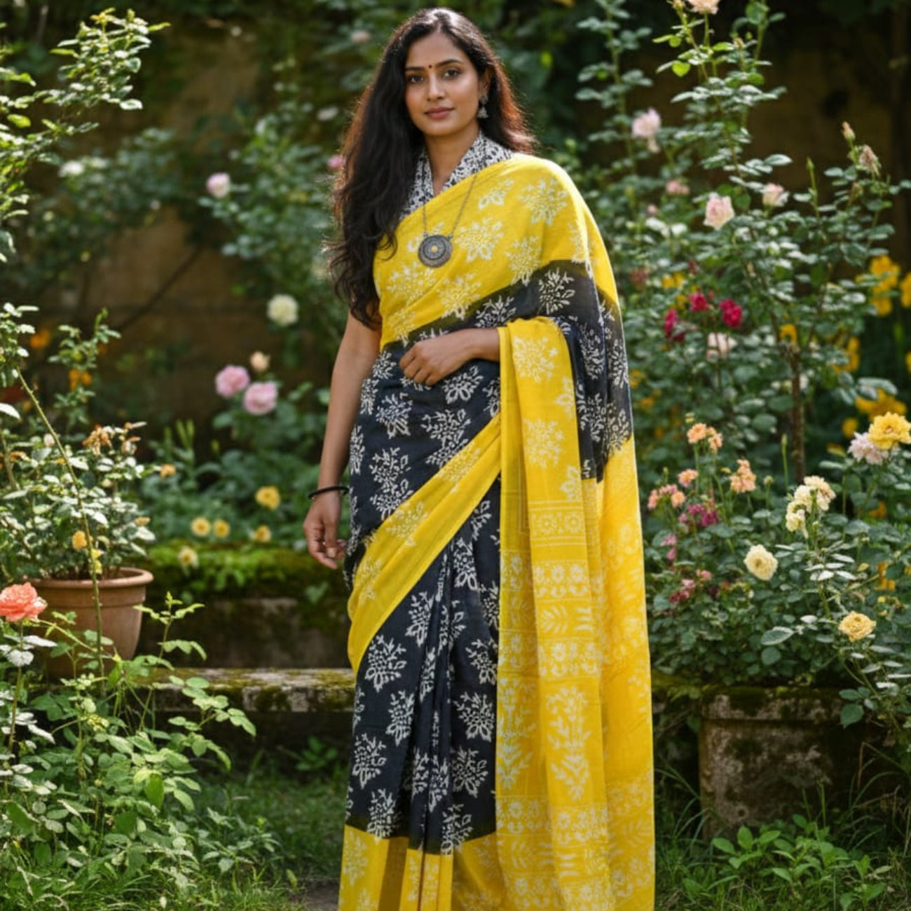BLACK WITH YELLOW COLOR MULMUL CLOTTON SAREE