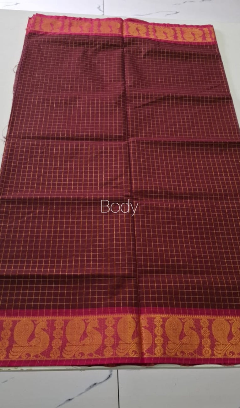 MAROON WITH PINK BORDER CHECKED SUNGUDI COTTON SAREE