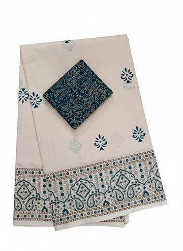 OFF-WHITE WITH TEAL BLUE COLOR SOUTH COTTON SAREE