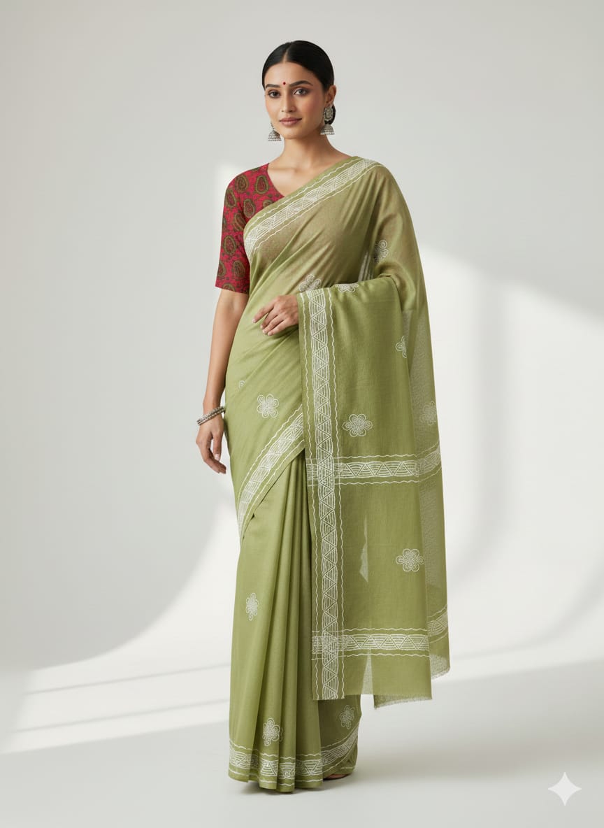 PARROT GREEN COLOR SOUTH COTTON SAREE
