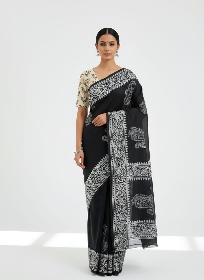 BLACK COLOR WITH WHITE DESIGN BORDER SOUTH COTTON SAREE