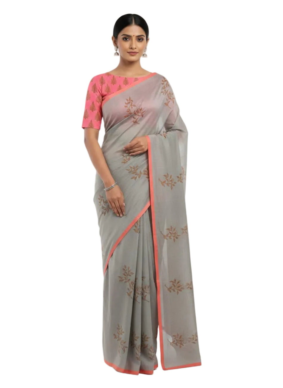 LIGHT GREY WITH PEACH PINK COLOR DESIGN SOUTH COTTON SAREE