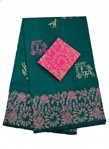 BOTTLE GREEN WITH CONTRAST PINK DESIGN SOUTH COTTON SAREE