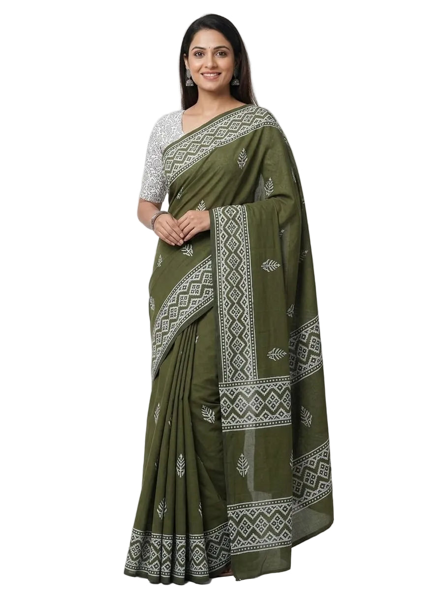 OLIVE GREEN WITH WHITE DESIGNED SOUTH COTTON SAREE WITH TRADITIONAL WHITE BORDER