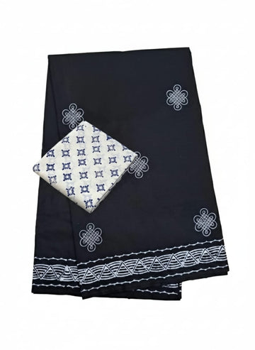 CLASSIC BLACK SOUTH COTTON SAREE WITH WHITE ETHNIC BORDER