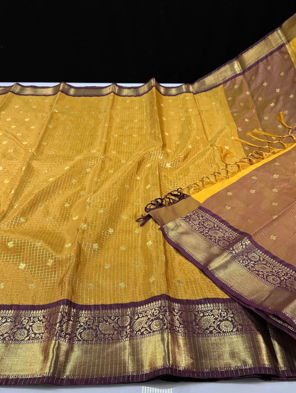 MUSTARD GOLD WITH MAROON BORDER BANARASI SILK SAREE