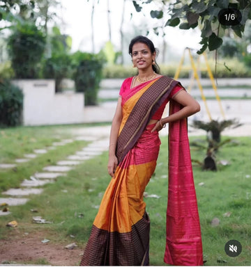 AARANI TRIPLE COLOR PURE SILK SAREE (PINK YELLOW COFFEE BROWN)