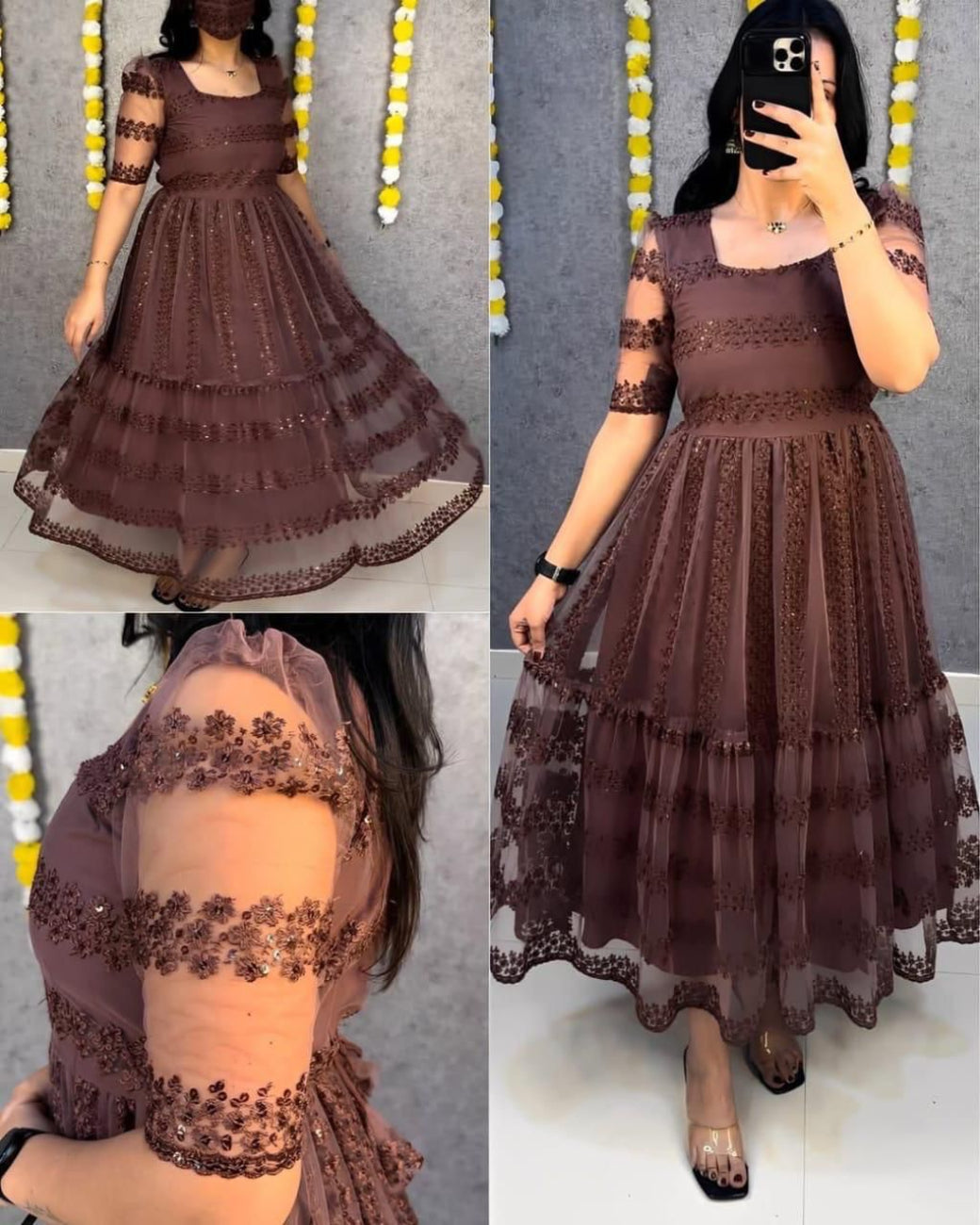 BROWN COLOR FLOWER EMBROIDERY SEQUENCE WORK FROCK