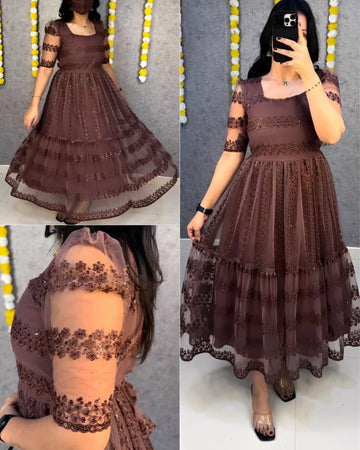 BROWN COLOR FLOWER EMBROIDERY SEQUENCE WORK FROCK