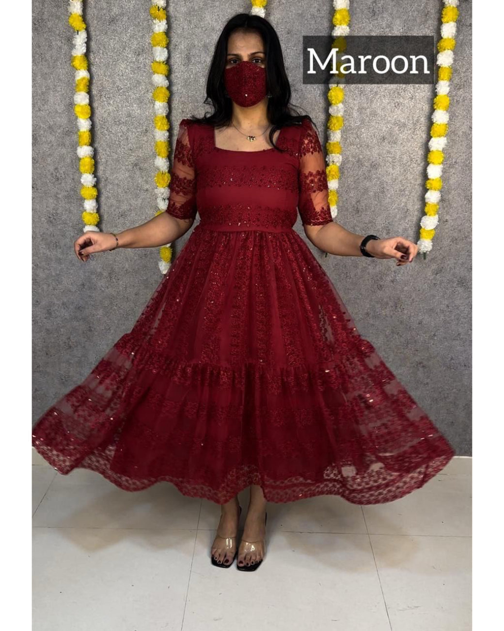 MAROON COLOR FLOWER EMBROIDERY SEQUENCE WORK FROCK