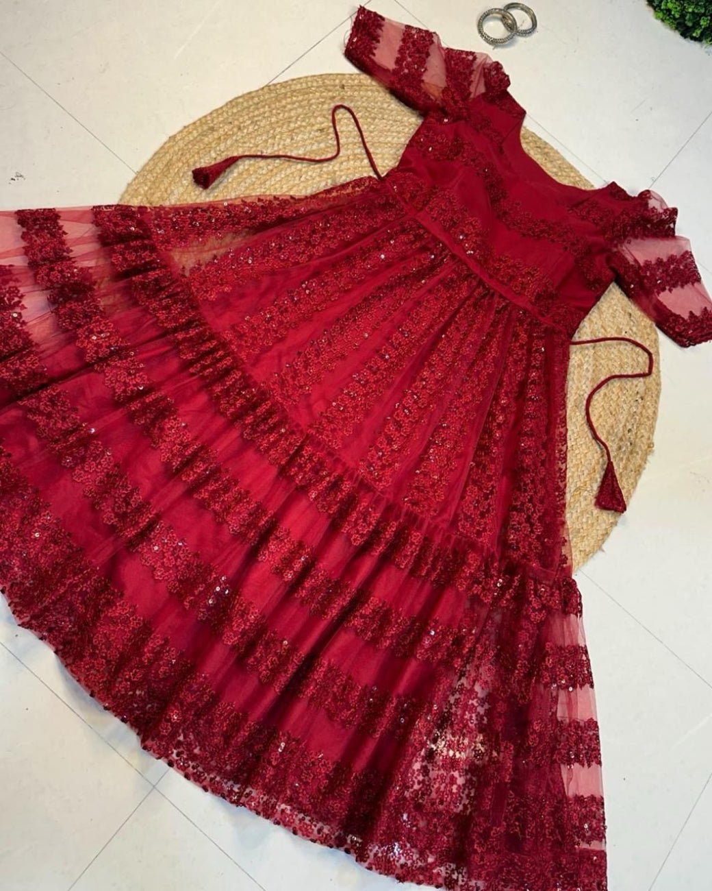 MAROON COLOR FLOWER EMBROIDERY SEQUENCE WORK FROCK