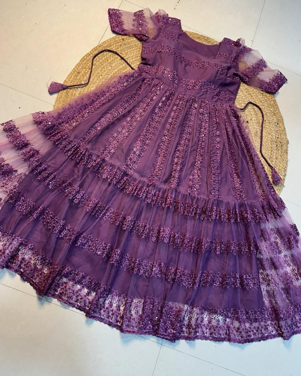 LAVENDER COLOR FLOWER EMBROIDERY SEQUENCE WORK FROCK