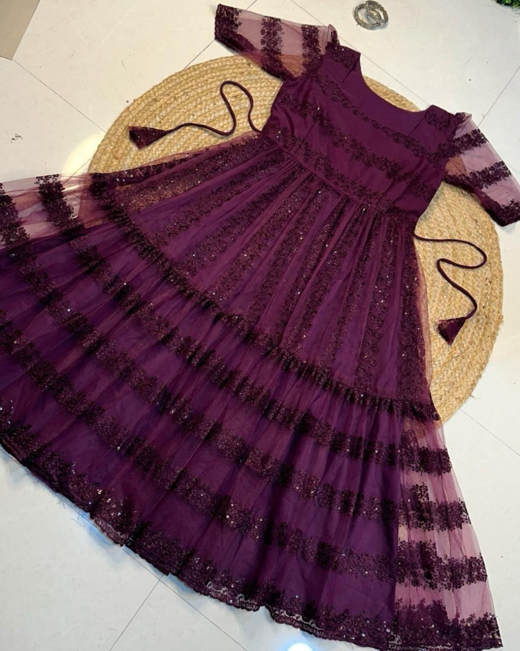 RICH WINE COLOR FLOWER EMBROIDERY SEQUENCE WORK FROCK