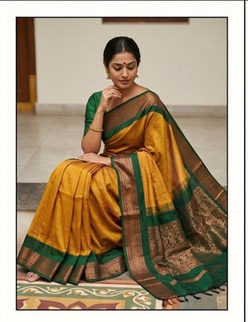 YELLOW WITH BOTTLE GREEN COLOR KALYANI COTTON SAREE
