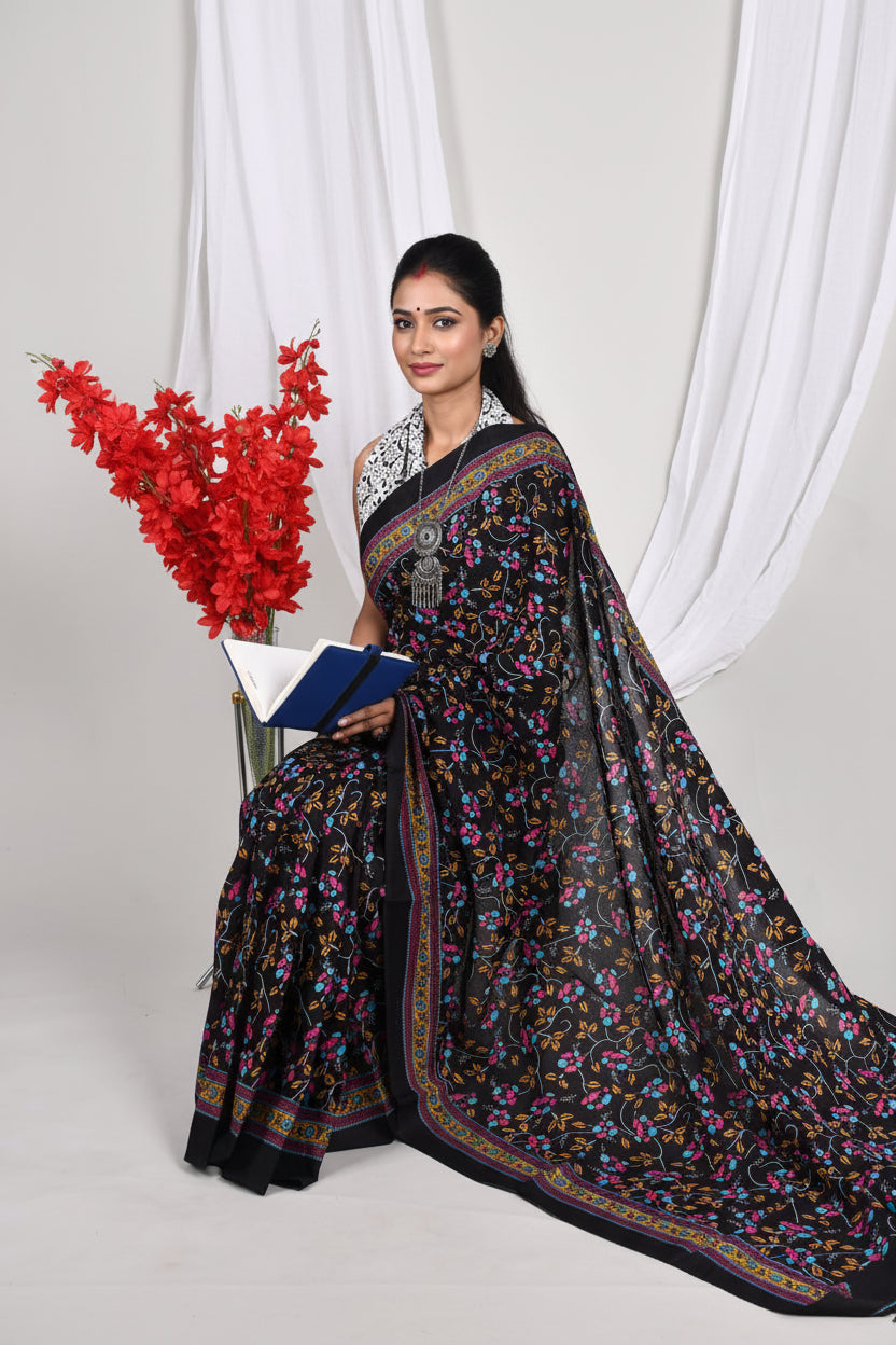BLACK WITH MULTICOLOR FLORAL DESIGN MULMUL COTTON SAREE