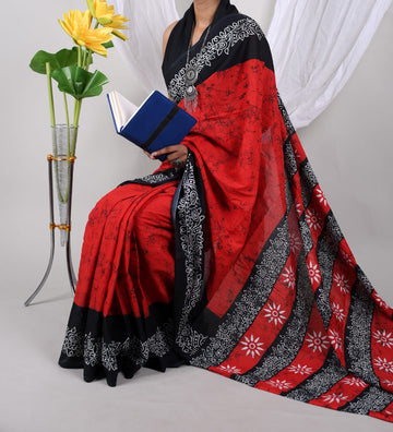 RED WITH BLACK COLOR MULMUL COTTON SAREE
