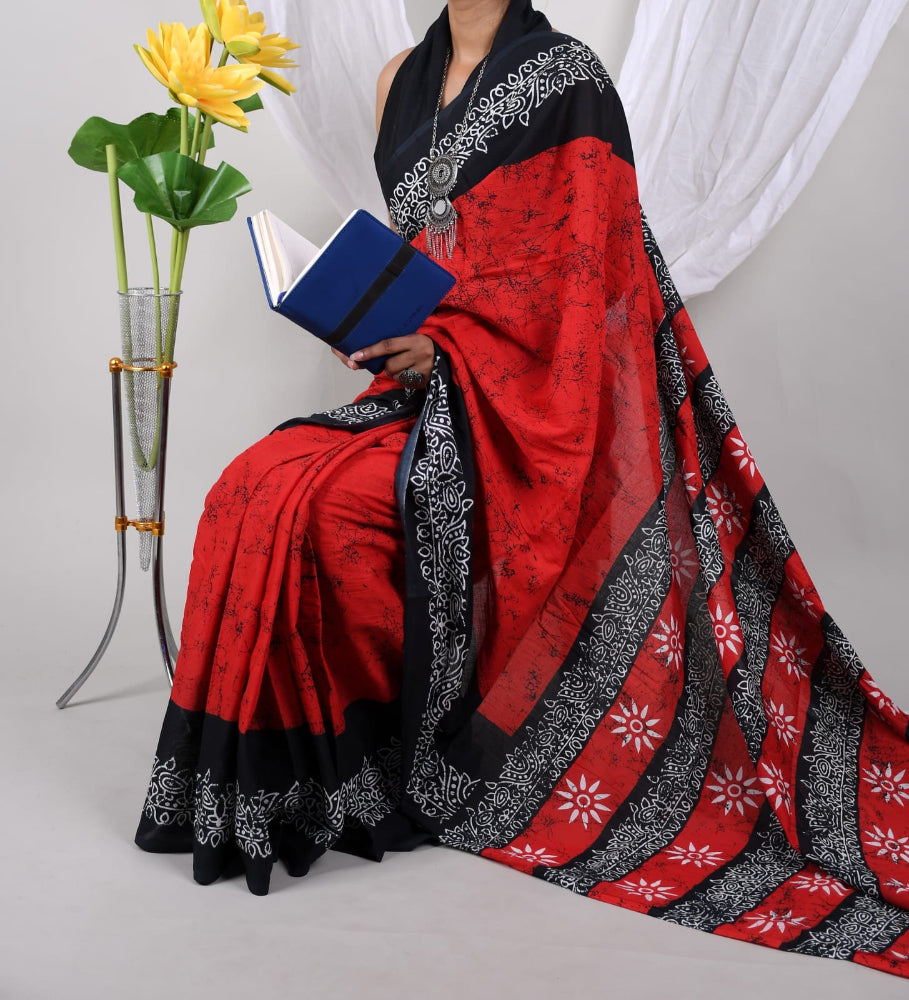 RED WITH BLACK COLOR MULMUL COTTON SAREE