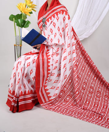 WHITE WITH RED MULMUL COTTON SAREE