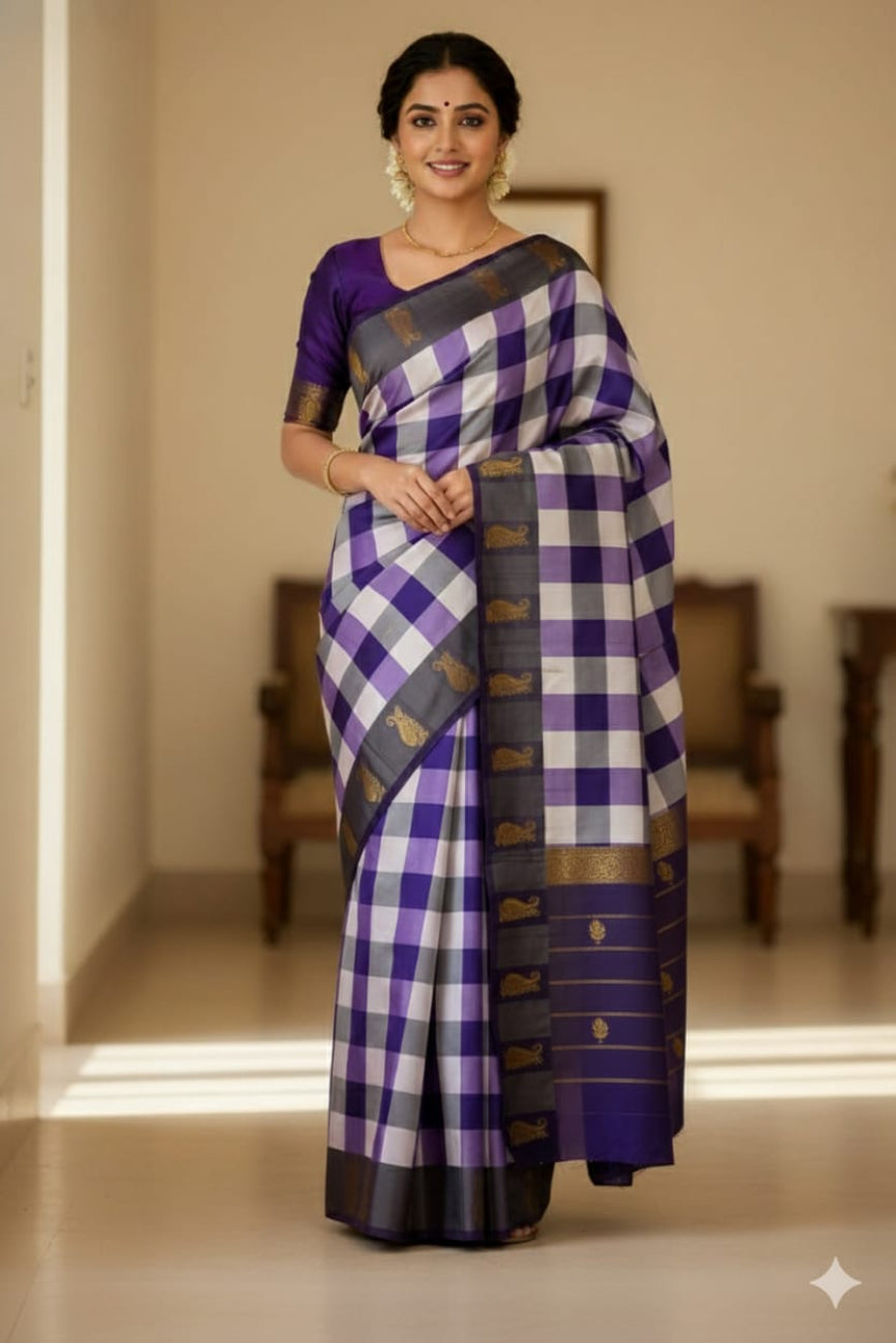 VIOLET WITH WHITE COLOR AARANI CHECKED SILK SAREE