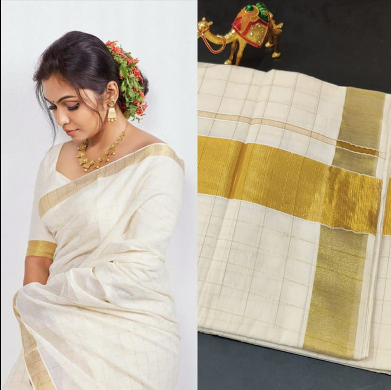 KERALA PURE COTTON CHECKED KASAVU SAREE