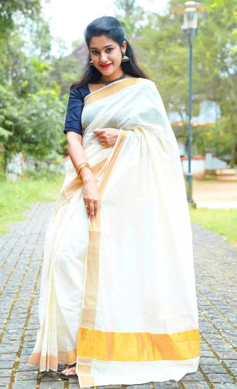 KERALA PURE COTTON GOLDEN ZARI BORDER KASAVU SAREE