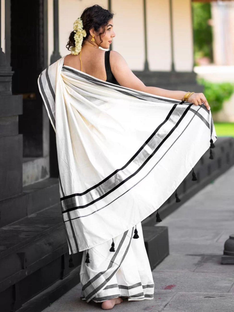 BLACK WITH SILVER ZARI WORK KERALA PURE COTTON KASAVU SAREE