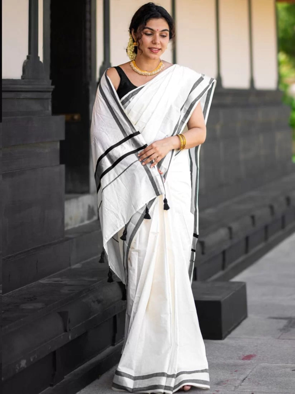 BLACK WITH SILVER ZARI WORK KERALA PURE COTTON KASAVU SAREE