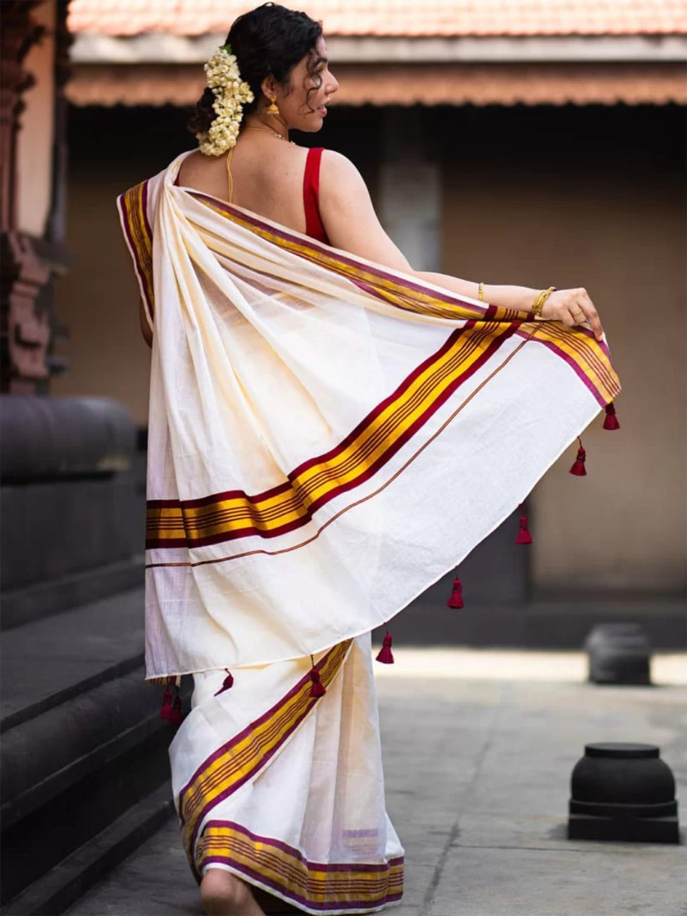 MAROON COLOR WITH GOLDEN ZARI WORK KERALA PURE COTTON KASAVU SAREE