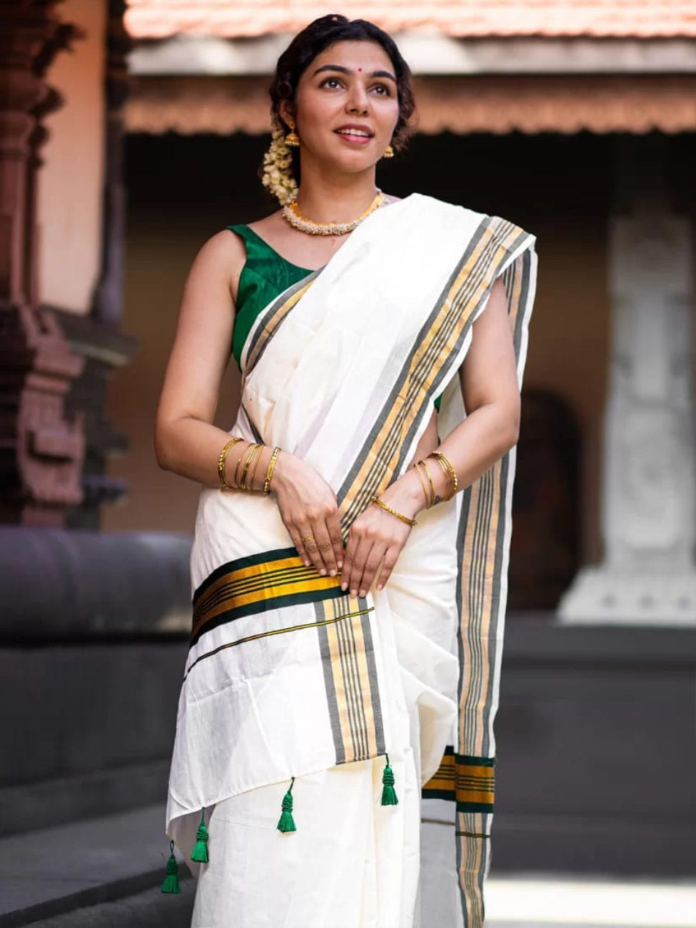 GREEN WITH GOLDEN COLOR ZARI WORK KERALA PURE COTTON KASAVU SAREE