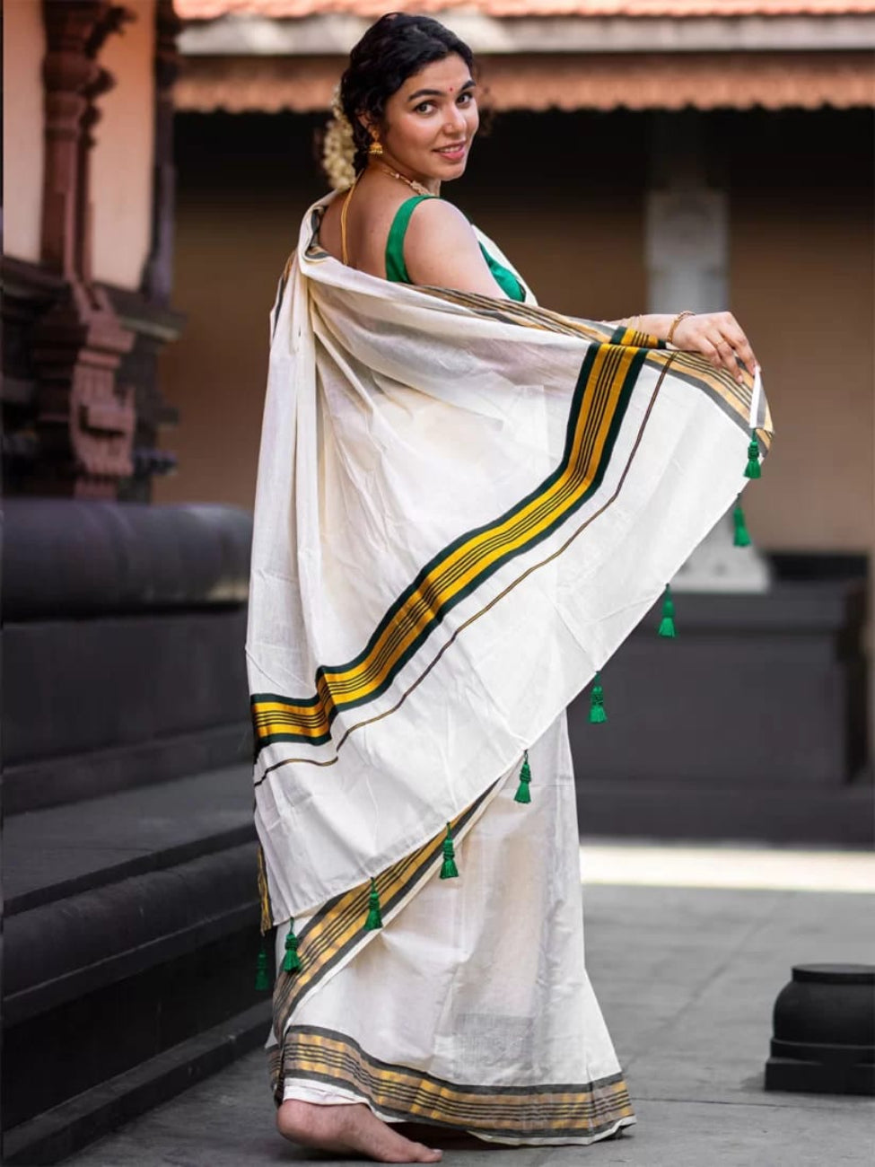 GREEN WITH GOLDEN COLOR ZARI WORK KERALA PURE COTTON KASAVU SAREE
