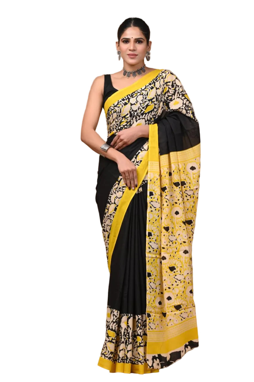 BLACK WITH YELLOW BORDER FLORAL DESIGN MULMUL COTTON SAREE