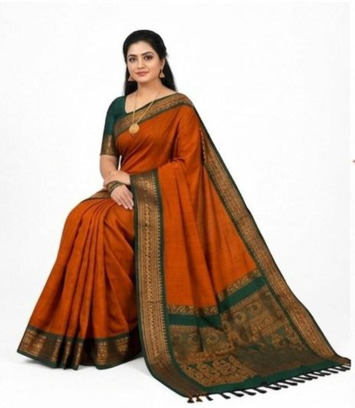 ORANGE WITH BOTTLE GREEN KALYANI COTTON SAREE