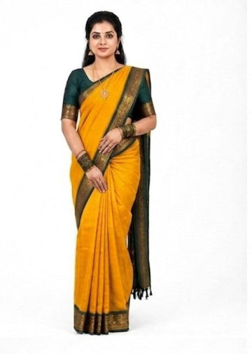 YELLOW WITH BOTTLE GREEN COLOR KALYANI COTTON SAREE