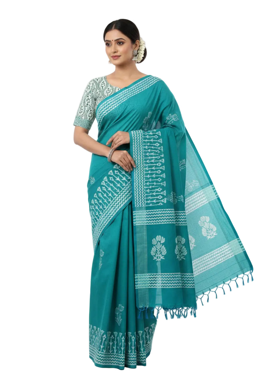 TEAL BLUE WITH WHITE PRINTED SOUTH COTTON SAREE