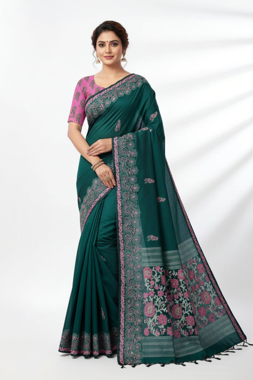 DEEP BOTTLE GREEN WITH PINK AND WHITE FLORAL PRINT SOUTH COTTON SAREE