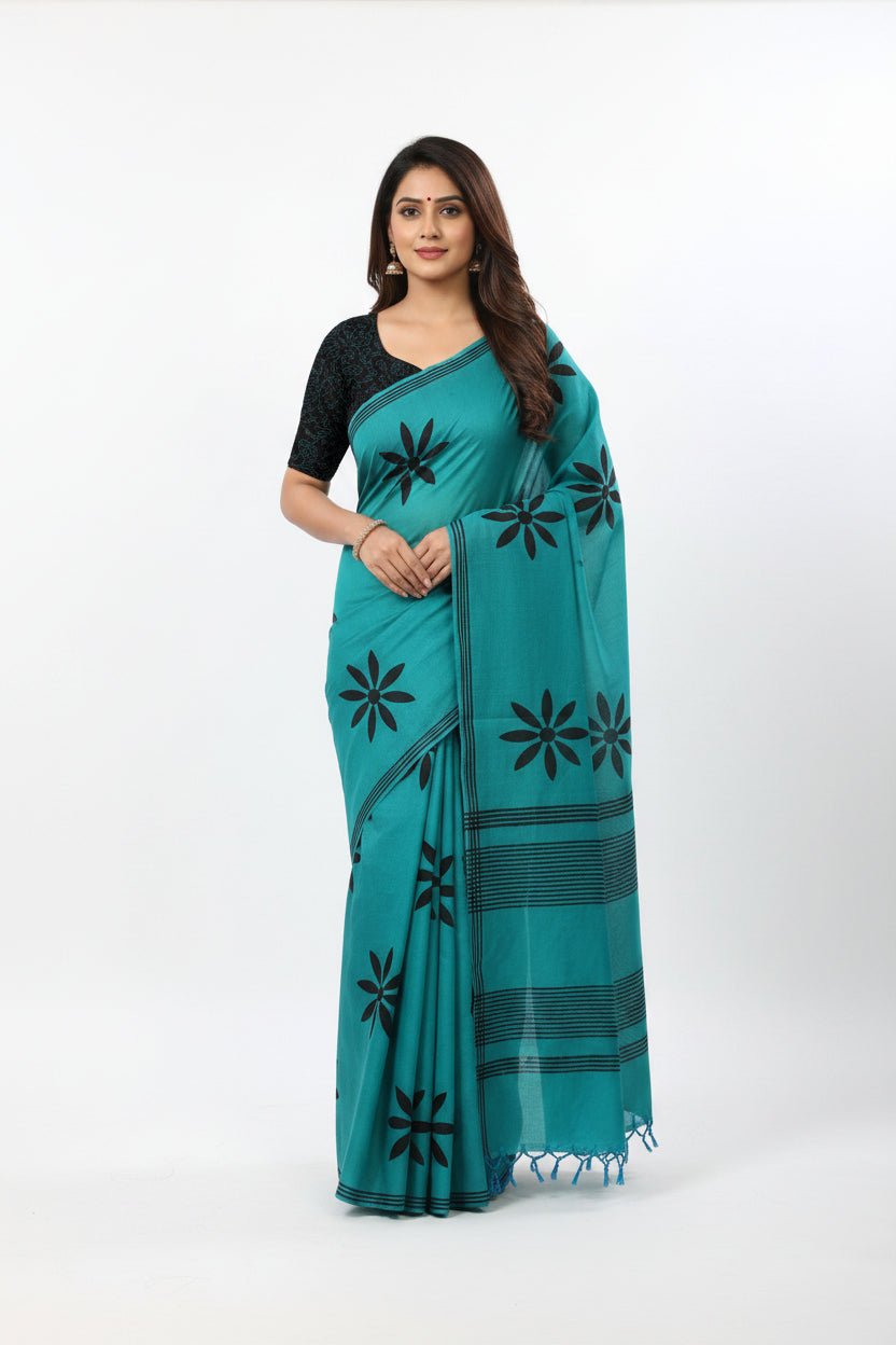 TEAL BLUE WITH BLACK FLORAL PRINT SOUTH COTTON SAREE